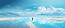 Abstract Surreal Path Concept Depicted With A Man Walking Between Two Blue Seas On A Beach Copy Space Image Place For Adding Text Or Design