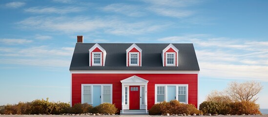 Cape Cod home with 3 dormers red door Copy space image Place for adding text or design