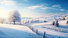 Winter Landscape Of Farm Land In Europe. Winter Morning After Heavy Snowfall The Night Before - Generative Ai