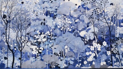 Sticker -  a painting of a blue and white forest with lots of trees and balls hanging from the top of the trees.