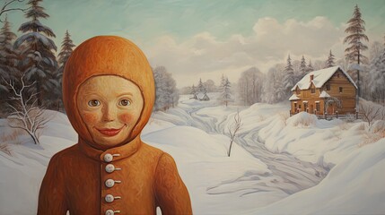 Poster -  a painting of a person in a brown outfit standing in front of a snowy landscape with a cabin in the background.