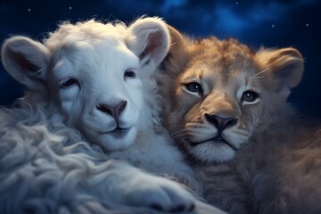 Sticker - cute animal photography of a lion and lamb