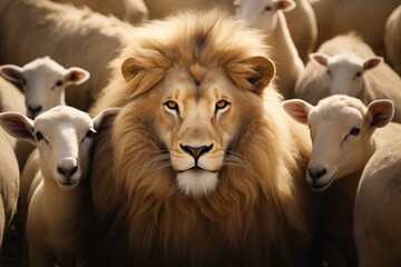 Poster - cute animal photography of a lion and lamb