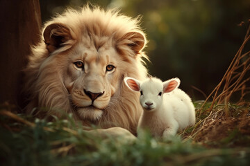 Poster - cute animal photography of a lion and lamb