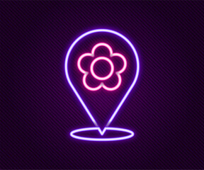 Wall Mural - Glowing neon line Location with flower icon isolated on black background. Colorful outline concept. Vector