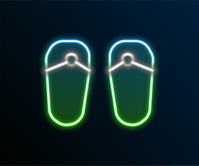 Poster - Glowing neon line Flip flops icon isolated on black background. Beach slippers sign. Colorful outline concept. Vector