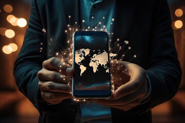 a man is holding a phone that has a world map across it, in the style of computer-aided manufacturing, social network analysis