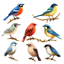 Various Forest Animals Birds On A Branch In Flat Illustration Style