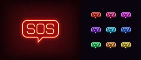 Wall Mural - Outline neon SOS icon set. Emergency call, glowing neon bubble message with text SOS. Signal SOS for rescue service, distress alert and crush, need help. Emergency and hotline service. Vector icon set