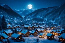 Rising Of Full Moon Over The Mountain Village In Majestic Moonlight At Christmas Night. Fairytale Winter Valley. Happy New Year Time