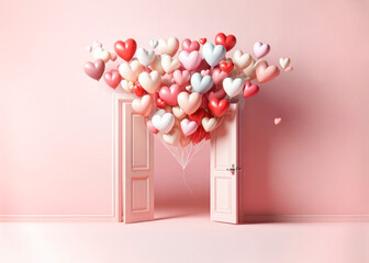 Poster - Multi-colored heart-shaped air balloons fly through the open door into an empty pink room.. Valentine's Day concept.