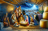 Fototapeta  - Oil painting representing the holy family. Nativity scene in Bethlehem. Christmas scene illustration showing holy family with Joseph Mary baby Jesus - shepherds ox donkey and sheep