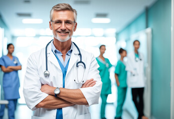 A portrait shot of a smiling male doctor standing in hospital background. Generative AI