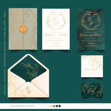 Elegant Wedding Set Green Beige Gold Design Vector Illustration