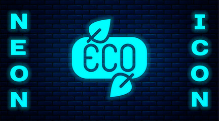 Sticker - Glowing neon Leaf Eco symbol icon isolated on brick wall background. Banner, label, tag, logo, sticker for eco green. Vector