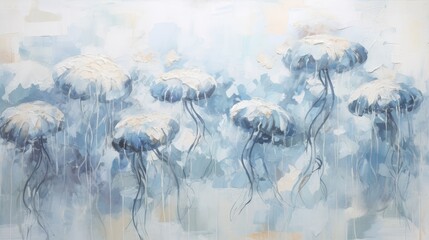 Wall Mural -  a painting of a bunch of white flowers in the rain on a blue and white background with drops of water on the petals.