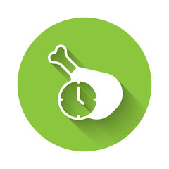 Wall Mural - White Food time icon isolated with long shadow background. Time to eat. Green circle button. Vector