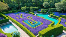 Purple Bush Cake Garden With Pools. Overview Of A Garden With Purple, Cyan, Green Hedges Arranged As A Block, With Swimming Pools At The Side, Forest Background.
