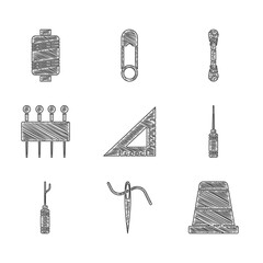 Wall Mural - Set Triangular ruler, Needle for sewing with thread, Thimble, Awl tool, Yarn and Sewing icon. Vector