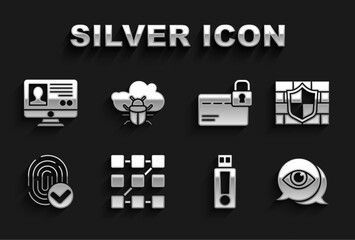 Poster - Set Graphic password protection, Shield with brick wall, Eye scan, USB flash drive, Fingerprint, Credit card lock, Create account screen and System bug cloud icon. Vector