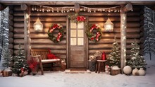  A Christmas Scene Of A Log Cabin With A Rocking Chair And Christmas Wreaths On The Front Of The Cabin.