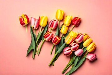  Spring fresh tulips yellow and red bouquet on pastel pink background. Top view, copy space.