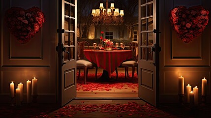 Poster -  an open door leading to a dining room with roses on the floor and a table with a red cloth on it.