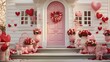 a house decorated for valentine's day with pink and red flowers and hearts on the front of the house.