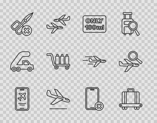 Wall Mural - Set line Mobile with ticket, Conveyor belt suitcase, Liquids in carry-on baggage, Plane landing, No scissors, Trolley, cell phone and Airplane search icon. Vector