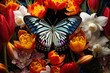 A butterfly emerging from its cocoon against vibrant flowers