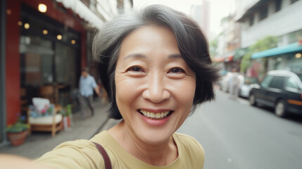 Closeup selfie portrait of happy smiling senior asian woman outdoors