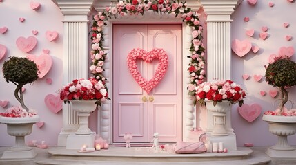 Canvas Print -  a couple of vases filled with flowers sitting in front of a pink door with hearts on the side of it.