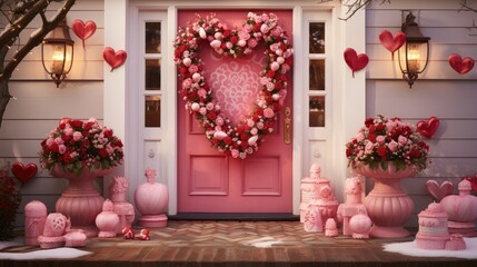 Poster -  a pink front door decorated with a heart shaped wreath and pink vases of flowers and other pink vases.