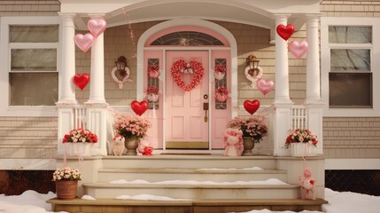 Sticker -  a house decorated for valentine's day with pink and red decorations and heart shaped balloons on the front porch.