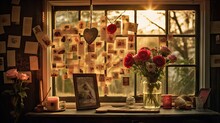  A Vase Filled With Red Roses Sitting On Top Of A Table Next To A Window Covered In Post It Notes.