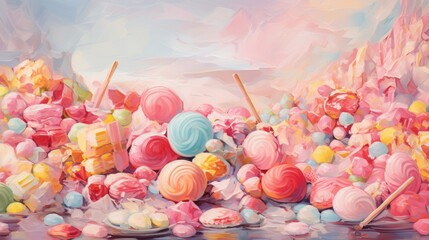 Wall Mural -  a painting of a lot of lollipops and marshmallows on a pink and blue background.