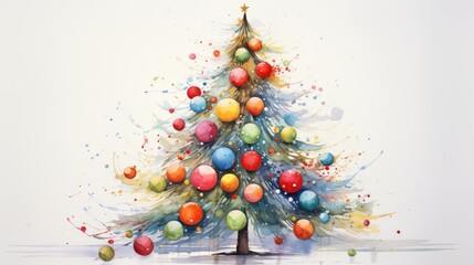 Sticker -  a watercolor painting of a christmas tree with balls on the bottom of the tree and a star on the top of the tree.