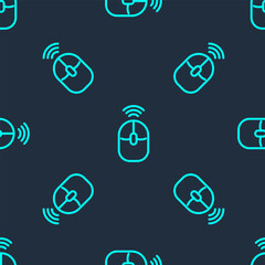 Wall Mural - Green line Wireless computer mouse icon isolated seamless pattern on blue background. Optical with wheel symbol. Vector