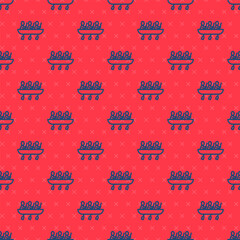 Poster - Blue line Canoe rowing team sports icon isolated seamless pattern on red background. Three athletes with oars rowing in boat. Teamwork concept. Vector