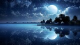 Fototapeta Krajobraz - a full moon is seen reflected in water on a night
