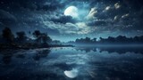 Fototapeta Krajobraz - a full moon is seen reflected in water on a night