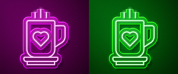 Poster - Glowing neon line Coffee cup and heart icon isolated on purple and green background. Couple coffee for lovers on Valentines Day. Vector