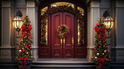 Poster -  a red front door decorated for christmas with wreaths and wreaths on the front and side of the door.