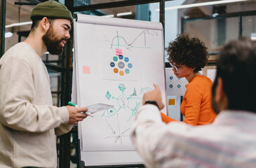 Wall Mural - Diverse serious colleagues working on project with diagram and graph in office