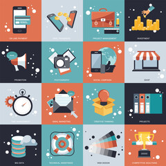 Wall Mural - Business, management, technology colorful icon collection. Flat vector illustration