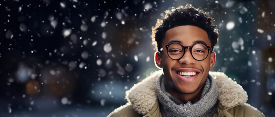 Wall Mural - Winter themed teen boy wearing glasses with room for copy space created with Generative AI technology