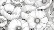  a bunch of white flowers that are in the middle of black and white art print on a black and white background.