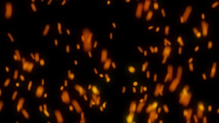 Wall Mural - Huge Fire Falling VFX Dust Particles Floating On Black Background. Dynamic Dust Burn Particles Randomly Float in Space. 4K Shimmering, Burning Hot Orange with Glittering Dust Particles.