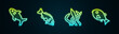 Set line Shark, Fish, Seaweed and Tropical fish. Glowing neon icon. Vector