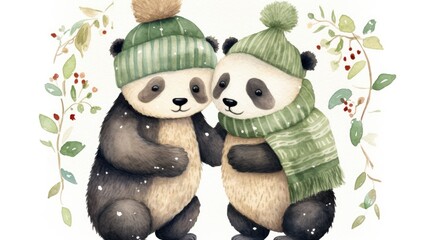 Wall Mural -  a watercolor painting of two panda bears wearing winter hats and scarves and holding each other's hands.